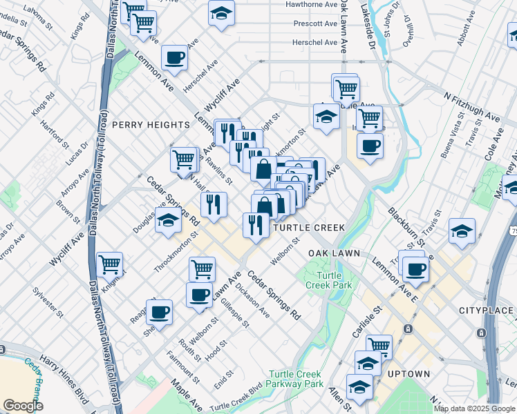 map of restaurants, bars, coffee shops, grocery stores, and more near 3827 Lemmon Avenue in Dallas