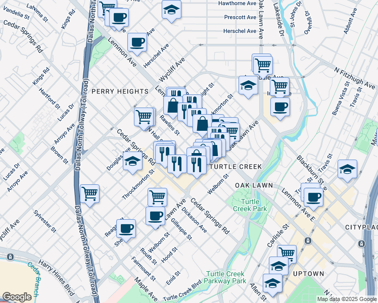 map of restaurants, bars, coffee shops, grocery stores, and more near 3917 Rawlins Street in Dallas