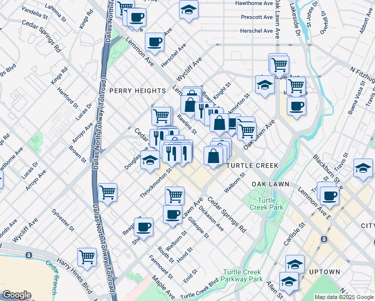 map of restaurants, bars, coffee shops, grocery stores, and more near 4010 North Hall Street in Dallas