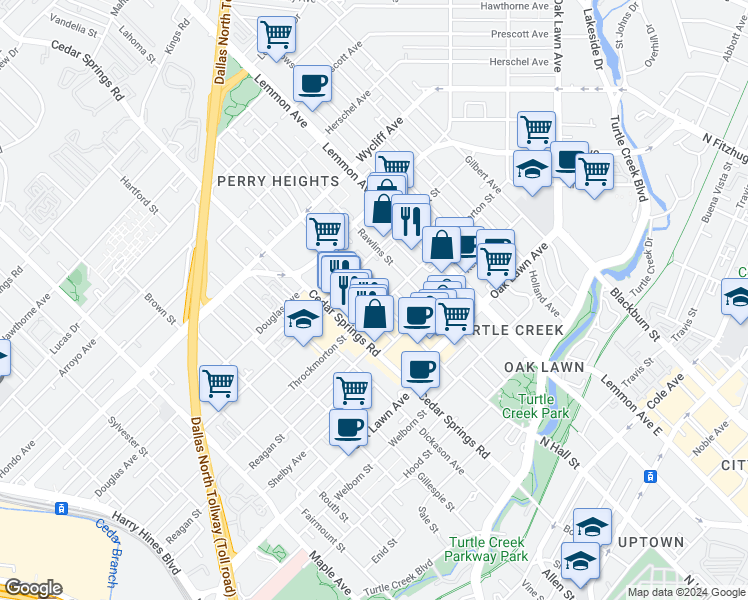 map of restaurants, bars, coffee shops, grocery stores, and more near 4010 North Hall Street in Dallas