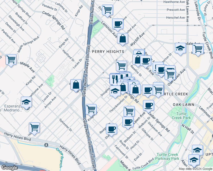 map of restaurants, bars, coffee shops, grocery stores, and more near 3003 1 Douglas Avenue in Dallas