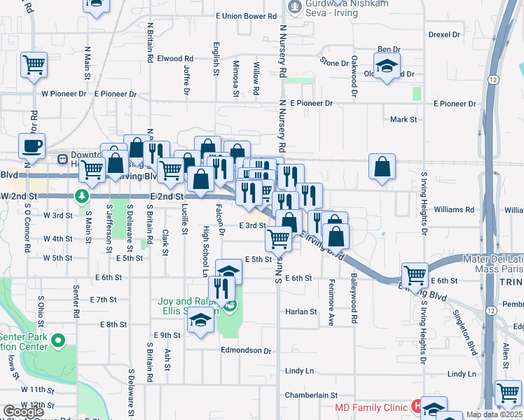 map of restaurants, bars, coffee shops, grocery stores, and more near 824 East Irving Boulevard in Irving
