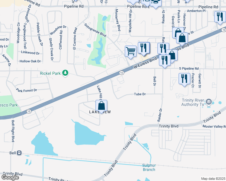 map of restaurants, bars, coffee shops, grocery stores, and more near 3600 Valley Vista Drive in Hurst