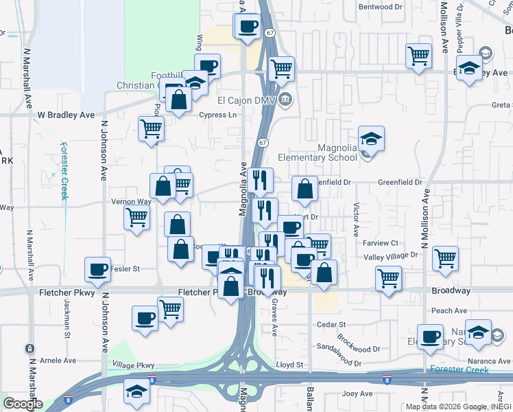 map of restaurants, bars, coffee shops, grocery stores, and more near 1237 Graves Avenue in El Cajon