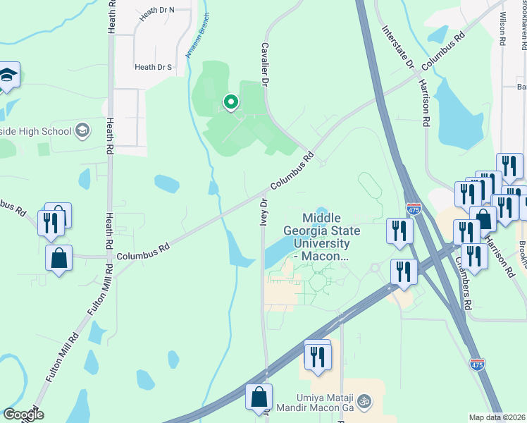 map of restaurants, bars, coffee shops, grocery stores, and more near 5093 Ivey Drive in Macon