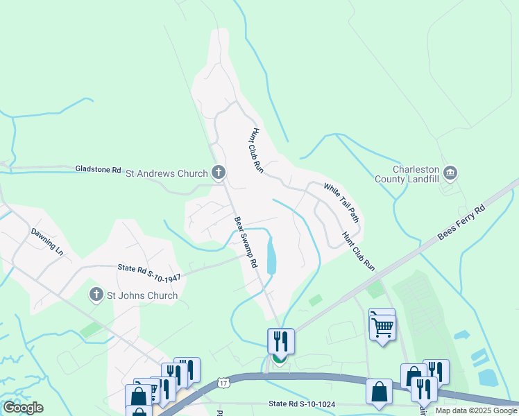 map of restaurants, bars, coffee shops, grocery stores, and more near 752 Bear Swamp Road in Johns Island