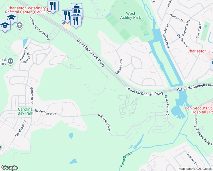 map of restaurants, bars, coffee shops, grocery stores, and more near 132 Eagle View Drive in Charleston