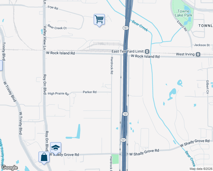 map of restaurants, bars, coffee shops, grocery stores, and more near 3510 Hardrock Road in Grand Prairie