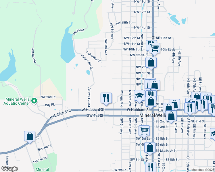 map of restaurants, bars, coffee shops, grocery stores, and more near 500 Northwest 7th Avenue in Mineral Wells