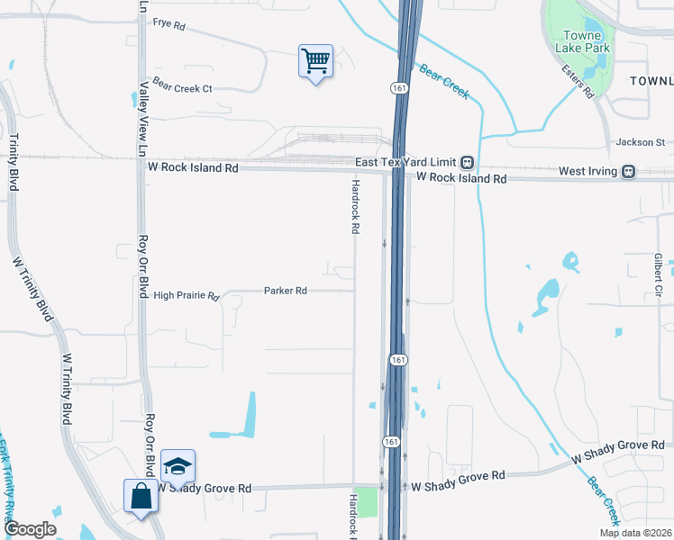 map of restaurants, bars, coffee shops, grocery stores, and more near 3510 Hardrock Road in Grand Prairie