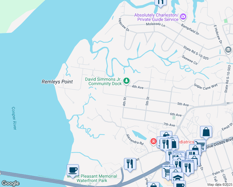 map of restaurants, bars, coffee shops, grocery stores, and more near 174 5th Avenue in Mount Pleasant