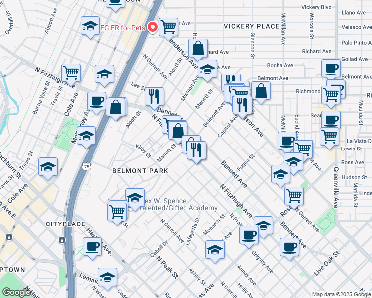 map of restaurants, bars, coffee shops, grocery stores, and more near North Fitzhugh Avenue & Belmont Avenue in Dallas