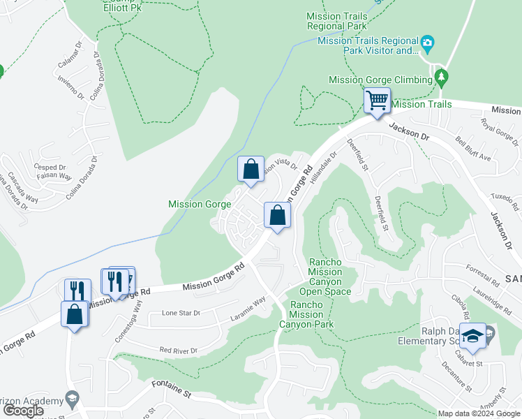 map of restaurants, bars, coffee shops, grocery stores, and more near 3640 Mission Montana Drive in San Diego