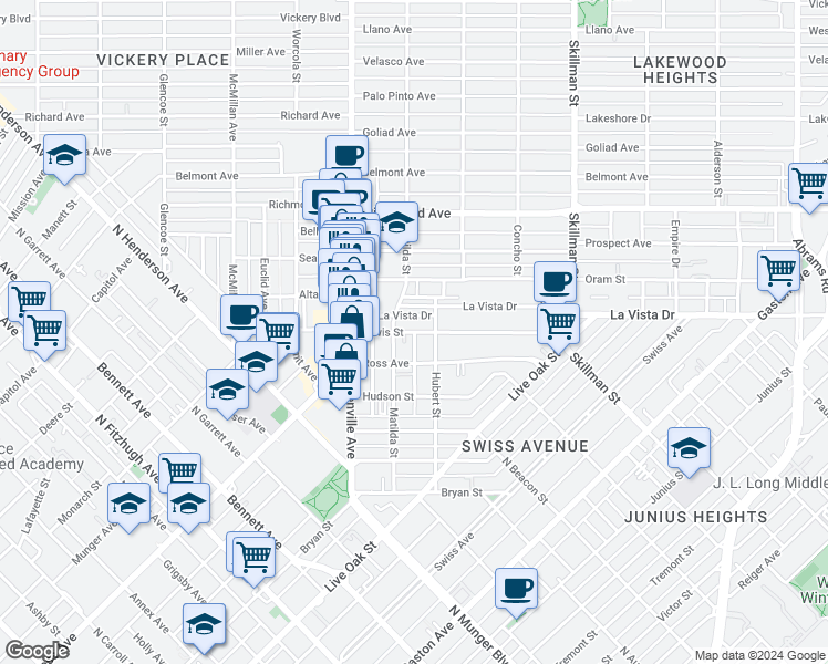 map of restaurants, bars, coffee shops, grocery stores, and more near Lewis Street in Dallas