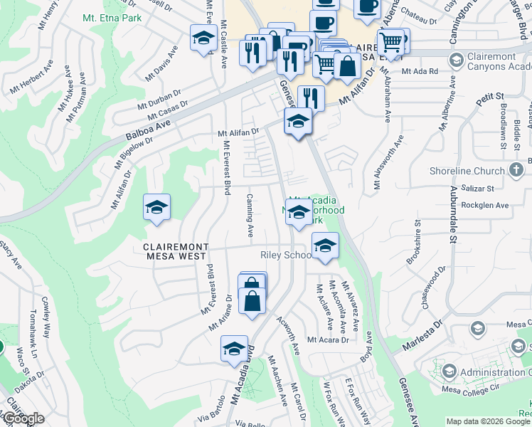 map of restaurants, bars, coffee shops, grocery stores, and more near 5261 Canning Court in San Diego