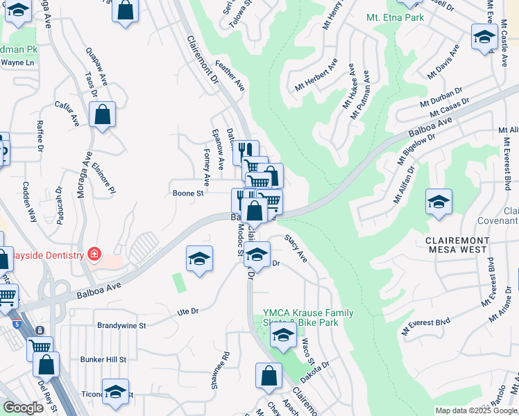 map of restaurants, bars, coffee shops, grocery stores, and more near 3901 Clairemont Drive in San Diego