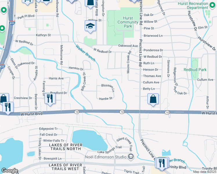 map of restaurants, bars, coffee shops, grocery stores, and more near 240 Blossom Lane in Hurst