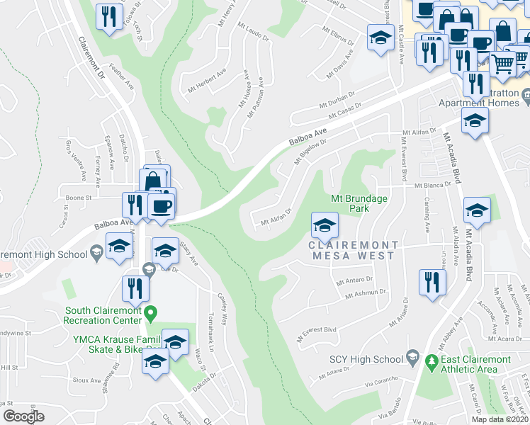 map of restaurants, bars, coffee shops, grocery stores, and more near 4461 Mt Bigelow Dr in San Diego
