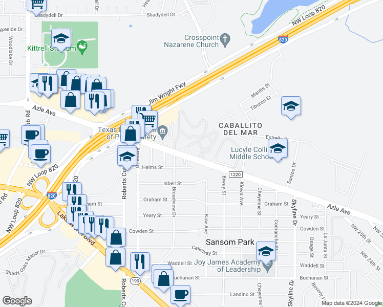 map of restaurants, bars, coffee shops, grocery stores, and more near 5712 Azle Avenue in Fort Worth