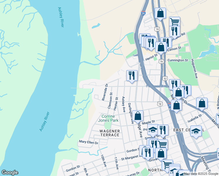 map of restaurants, bars, coffee shops, grocery stores, and more near 2313 Mount Pleasant Street in Charleston