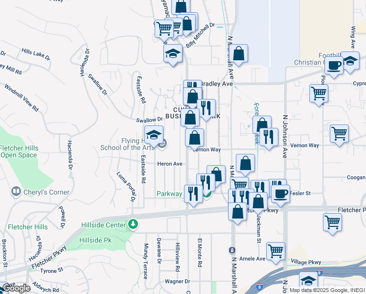 map of restaurants, bars, coffee shops, grocery stores, and more near 1286 Cuyamaca Street in El Cajon