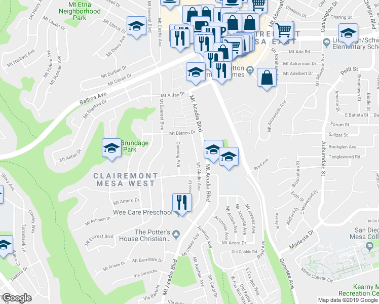 map of restaurants, bars, coffee shops, grocery stores, and more near 5261 Canning Court in San Diego