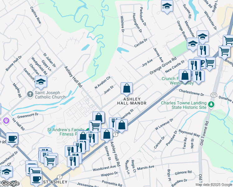 map of restaurants, bars, coffee shops, grocery stores, and more near 1525 Joan Street in Charleston