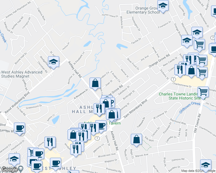map of restaurants, bars, coffee shops, grocery stores, and more near 1538 Joan Street in Charleston