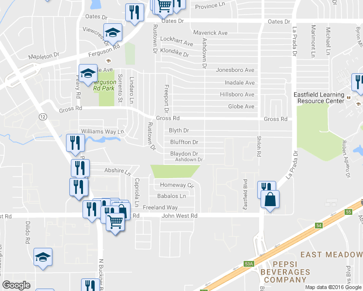 map of restaurants, bars, coffee shops, grocery stores, and more near 2407 Bluffton Drive in Dallas