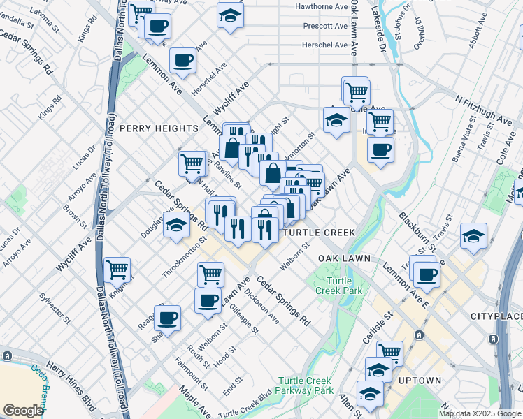 map of restaurants, bars, coffee shops, grocery stores, and more near 3917 Rawlins Street in Dallas