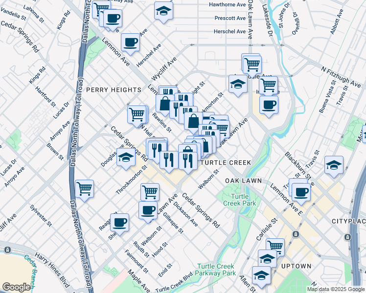 map of restaurants, bars, coffee shops, grocery stores, and more near 3917 Rawlins Street in Dallas