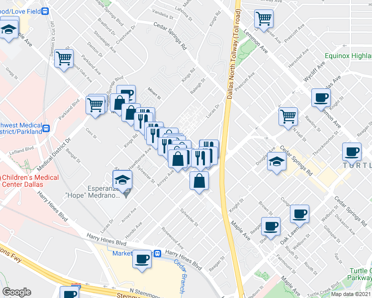 map of restaurants, bars, coffee shops, grocery stores, and more near 2525 Arroyo Avenue in Dallas