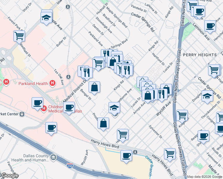 map of restaurants, bars, coffee shops, grocery stores, and more near 4700 Sylvester Street in Dallas
