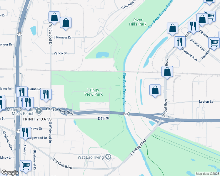 map of restaurants, bars, coffee shops, grocery stores, and more near Trinity View Park in Irving
