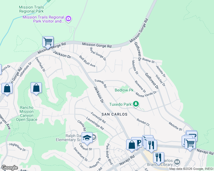 map of restaurants, bars, coffee shops, grocery stores, and more near 6680 Tuxedo Road in San Diego