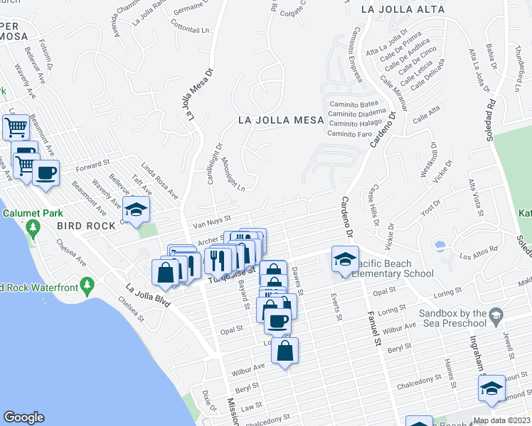 map of restaurants, bars, coffee shops, grocery stores, and more near 1045 Van Nuys Street in San Diego