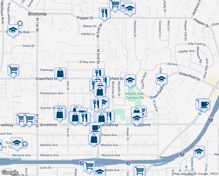 map of restaurants, bars, coffee shops, grocery stores, and more near 1256 Bostonia Street in El Cajon