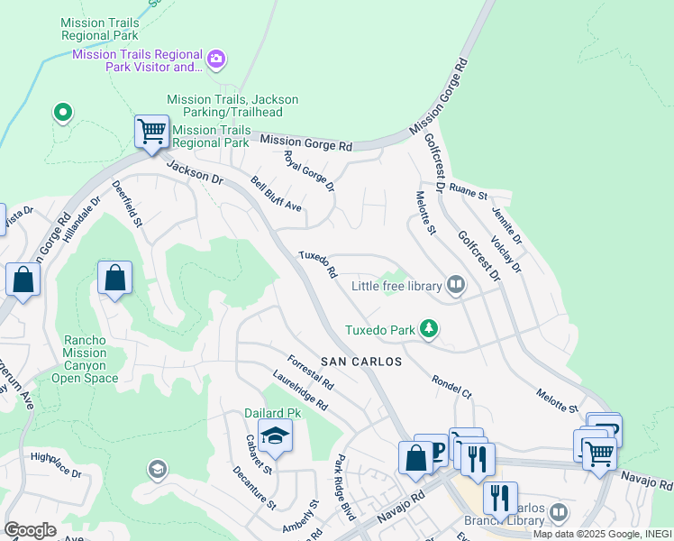 map of restaurants, bars, coffee shops, grocery stores, and more near 6680 Tuxedo Road in San Diego