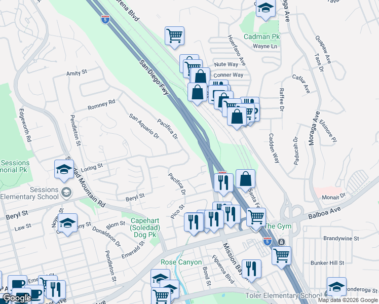 map of restaurants, bars, coffee shops, grocery stores, and more near 4993 Pacifica Drive in San Diego