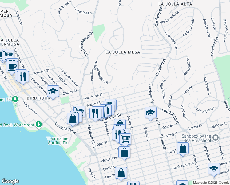 map of restaurants, bars, coffee shops, grocery stores, and more near 1101 Van Nuys Street in San Diego