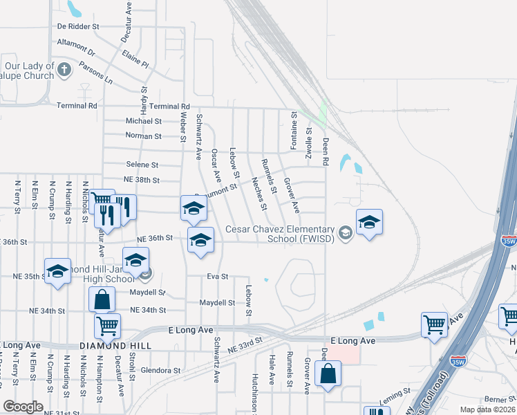 map of restaurants, bars, coffee shops, grocery stores, and more near 3752 Lebow Street in Fort Worth