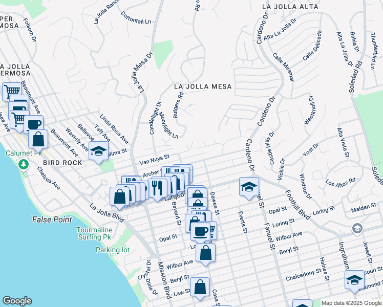 map of restaurants, bars, coffee shops, grocery stores, and more near 1045 Van Nuys Street in San Diego
