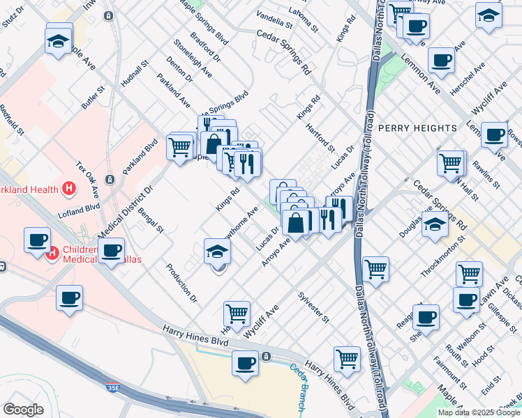map of restaurants, bars, coffee shops, grocery stores, and more near 4500 Maple Avenue in Dallas