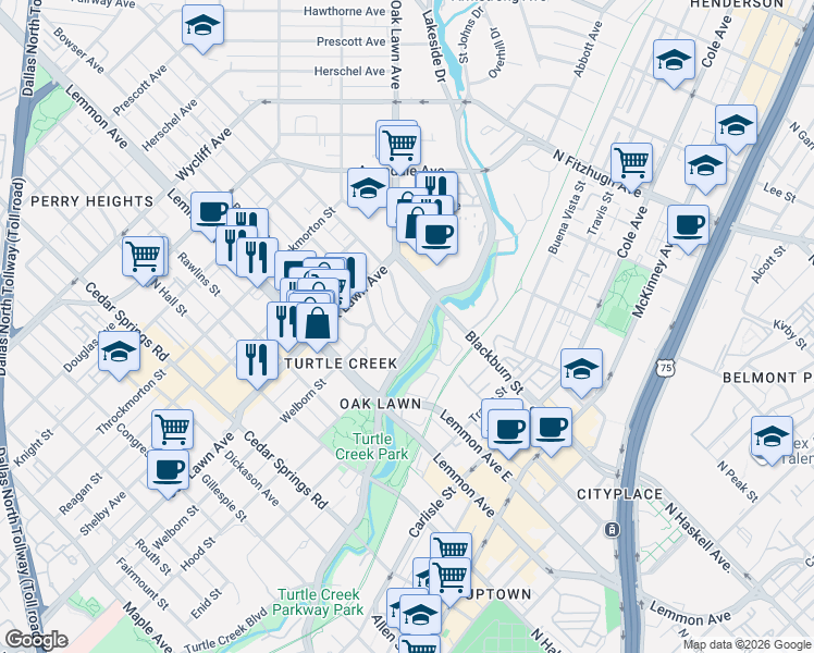 map of restaurants, bars, coffee shops, grocery stores, and more near 3621 Turtle Creek Boulevard in Dallas