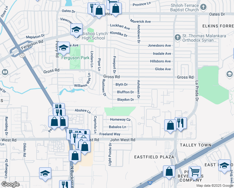 map of restaurants, bars, coffee shops, grocery stores, and more near 2311 Bluffton Drive in Dallas