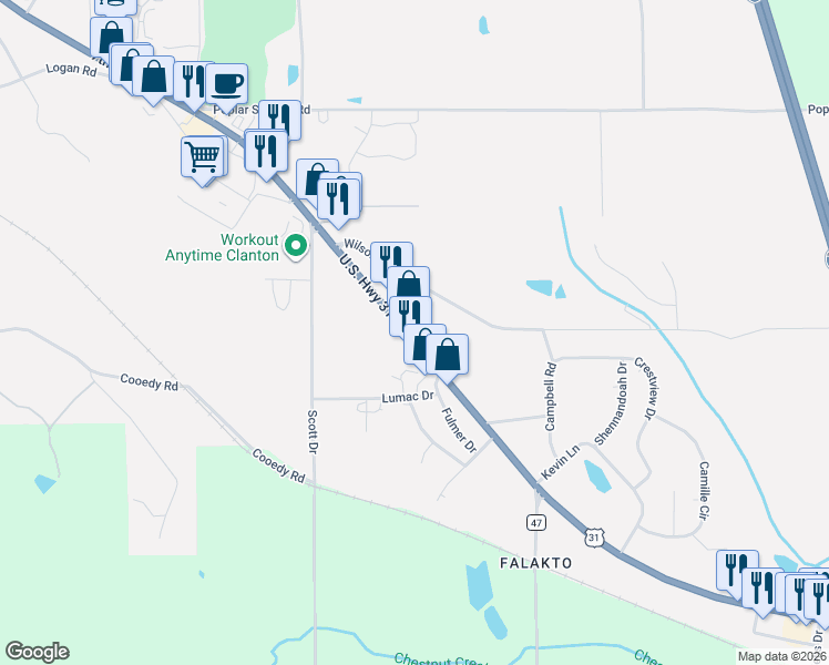 map of restaurants, bars, coffee shops, grocery stores, and more near 1639 7th Street South in Clanton