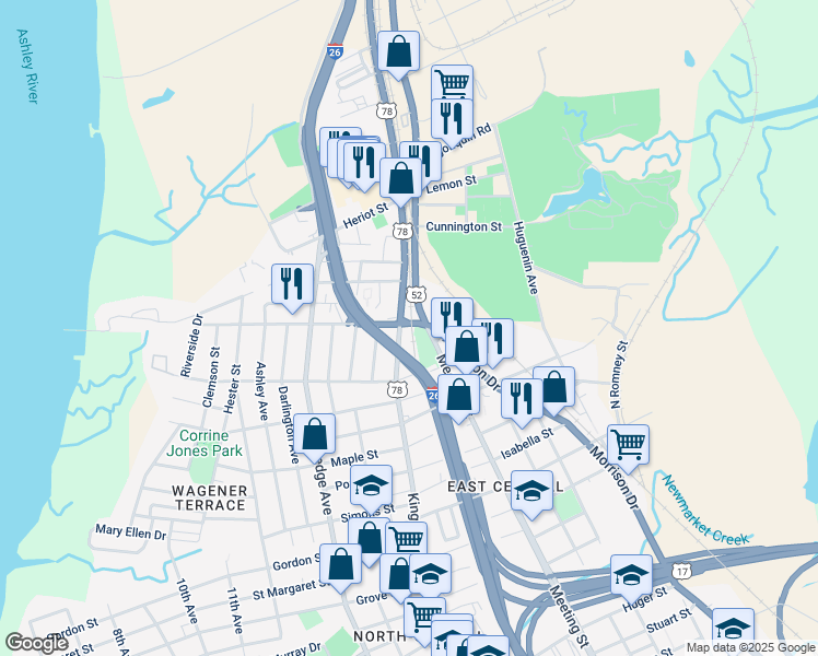 map of restaurants, bars, coffee shops, grocery stores, and more near 2097 Mount Pleasant Street in Charleston
