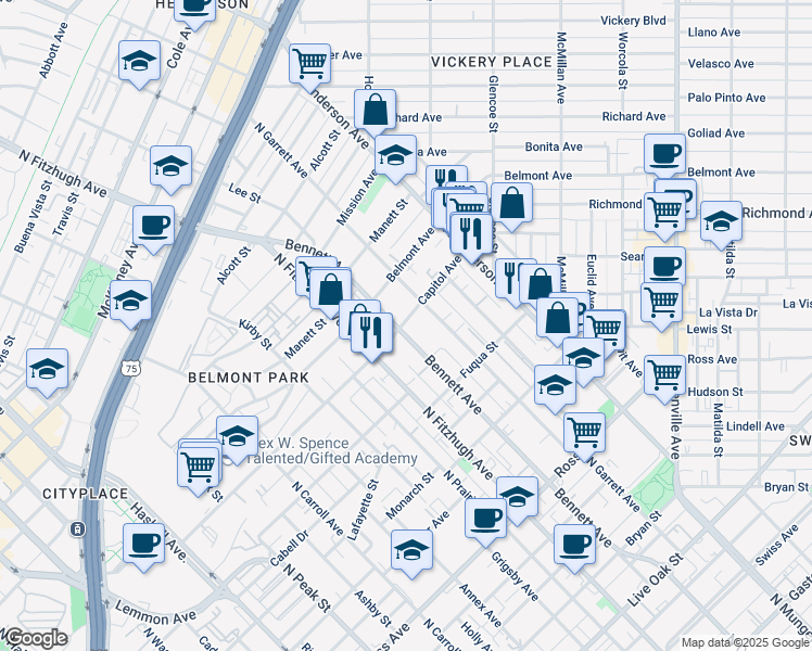 map of restaurants, bars, coffee shops, grocery stores, and more near 5050 Capitol Avenue in Dallas