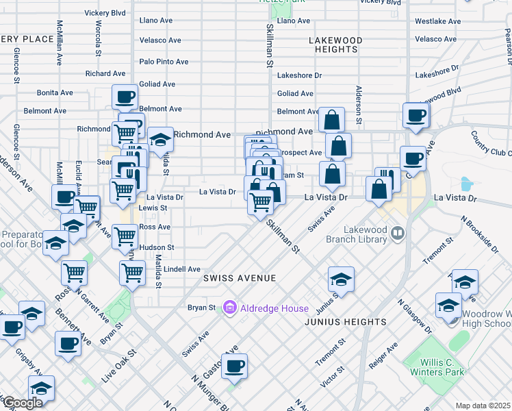 map of restaurants, bars, coffee shops, grocery stores, and more near 1809 Skillman Street in Dallas