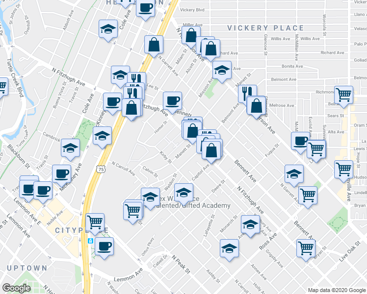 map of restaurants, bars, coffee shops, grocery stores, and more near 4819 Manett Street in Dallas